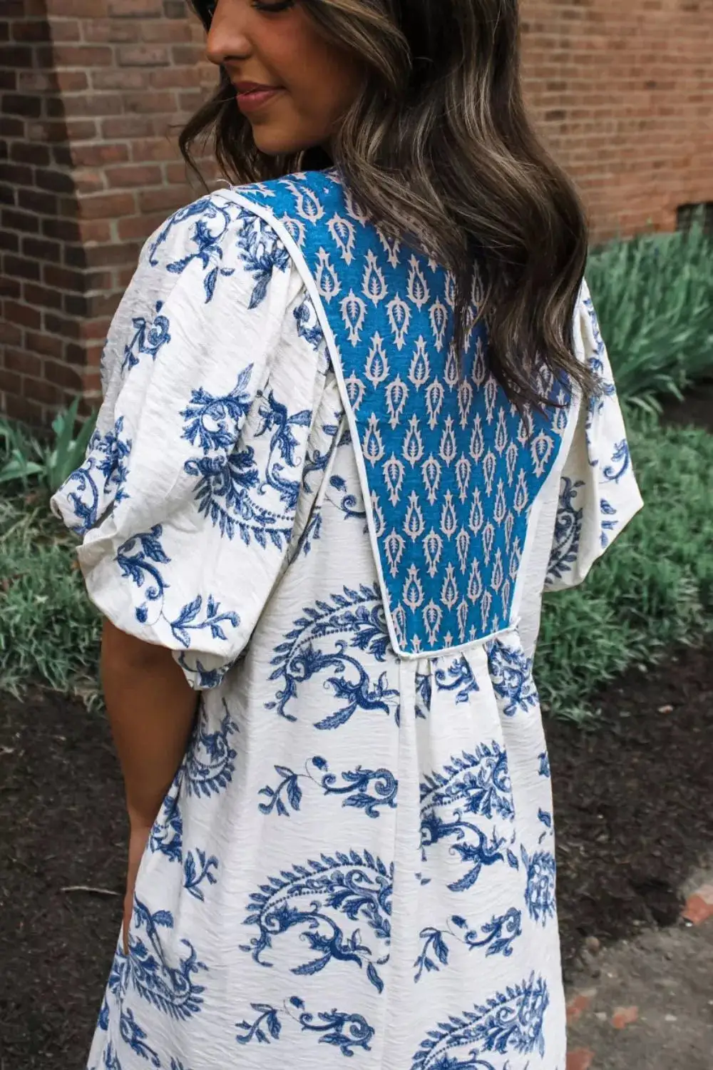 Print Contrast Boho Patchwork V Neck Loose Midi Dress