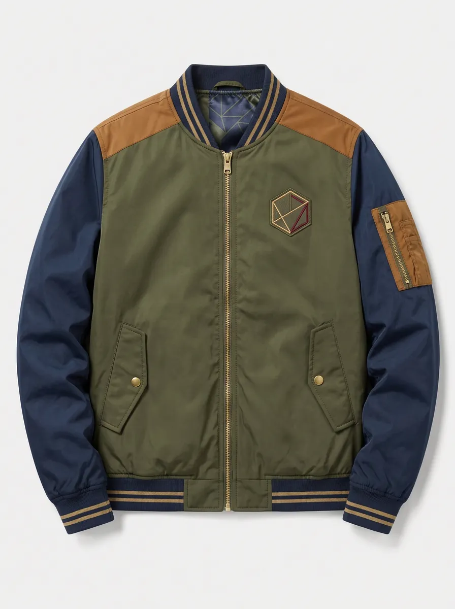 Men's Geometric Emblem Colorblock Printed Bomber Jacket