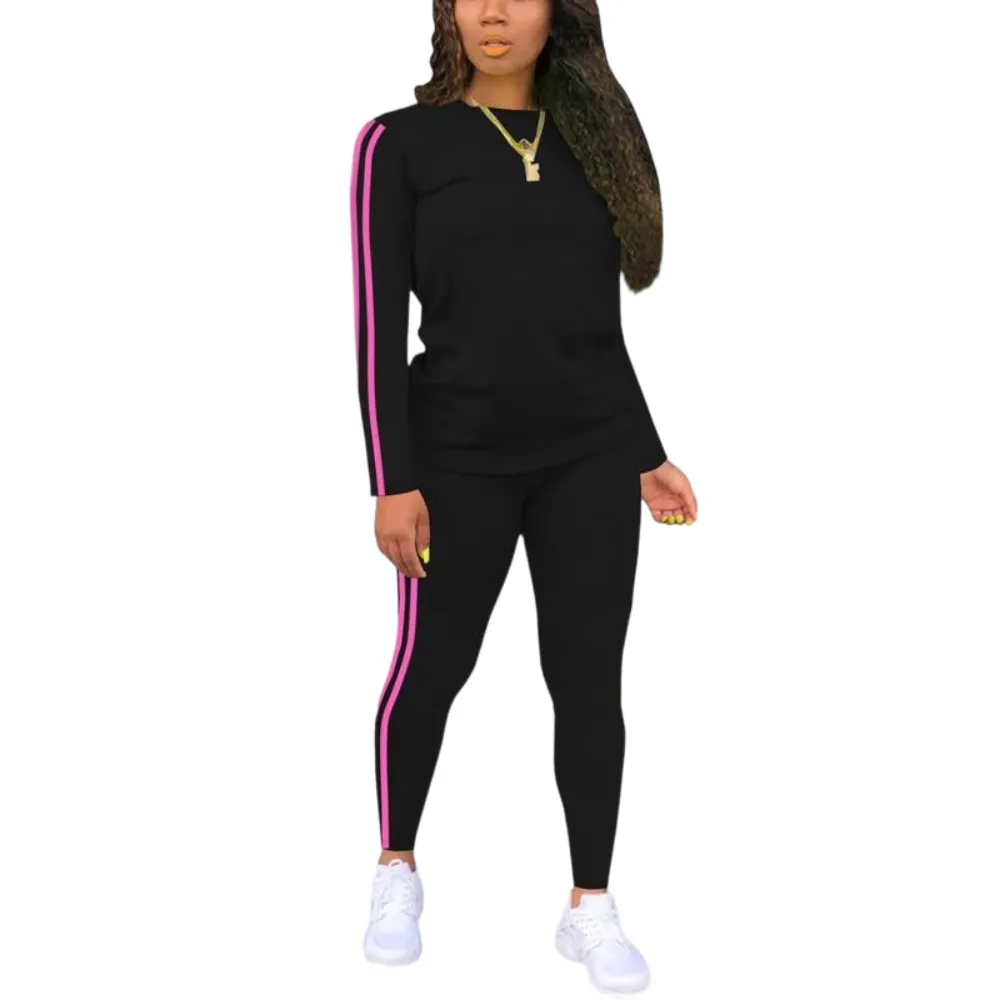 Women's Striped Print Long Sleeve Top & Pants Two-piece Set