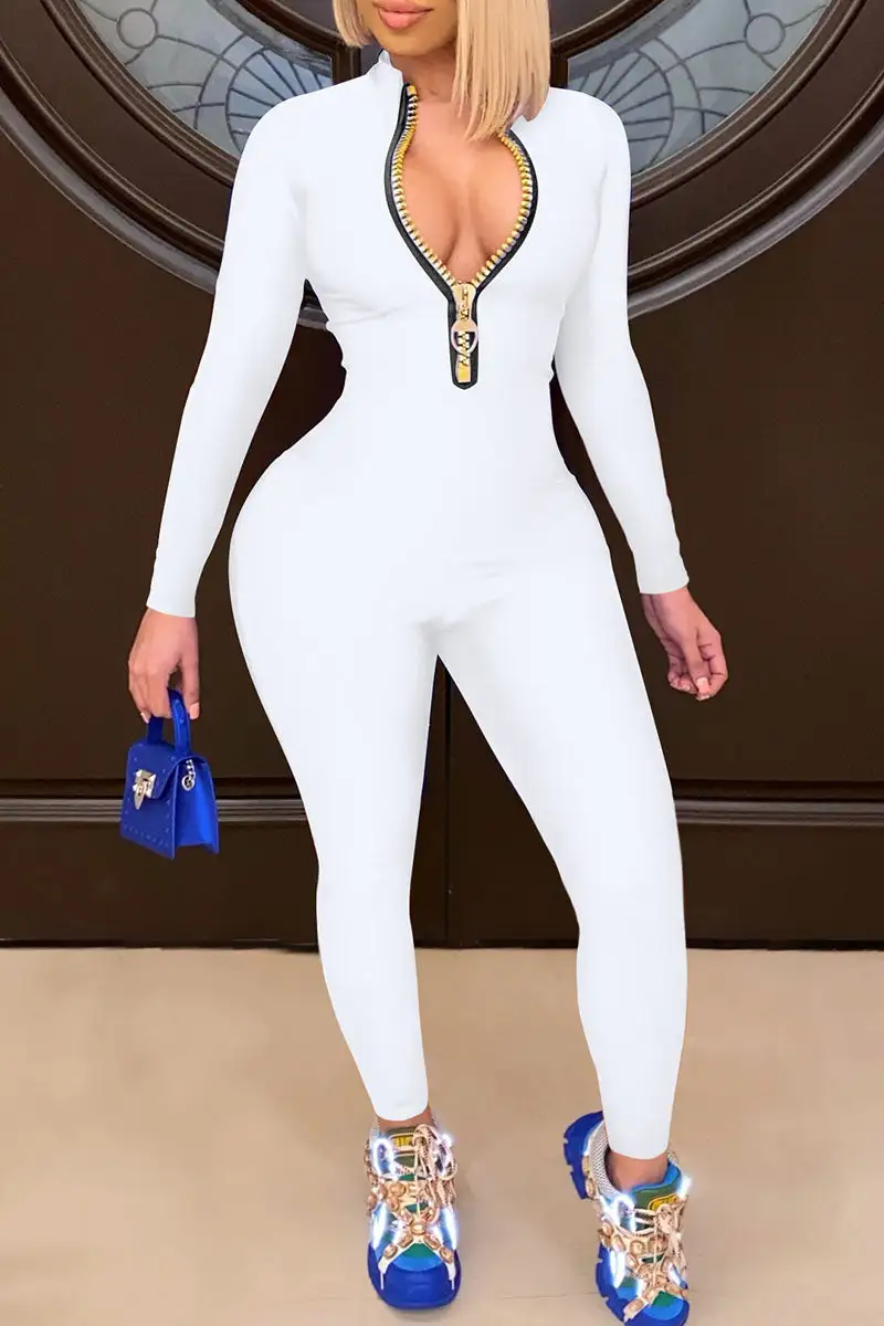 Casual Solid Split Joint Zipper Collar Skinny Jumpsuits