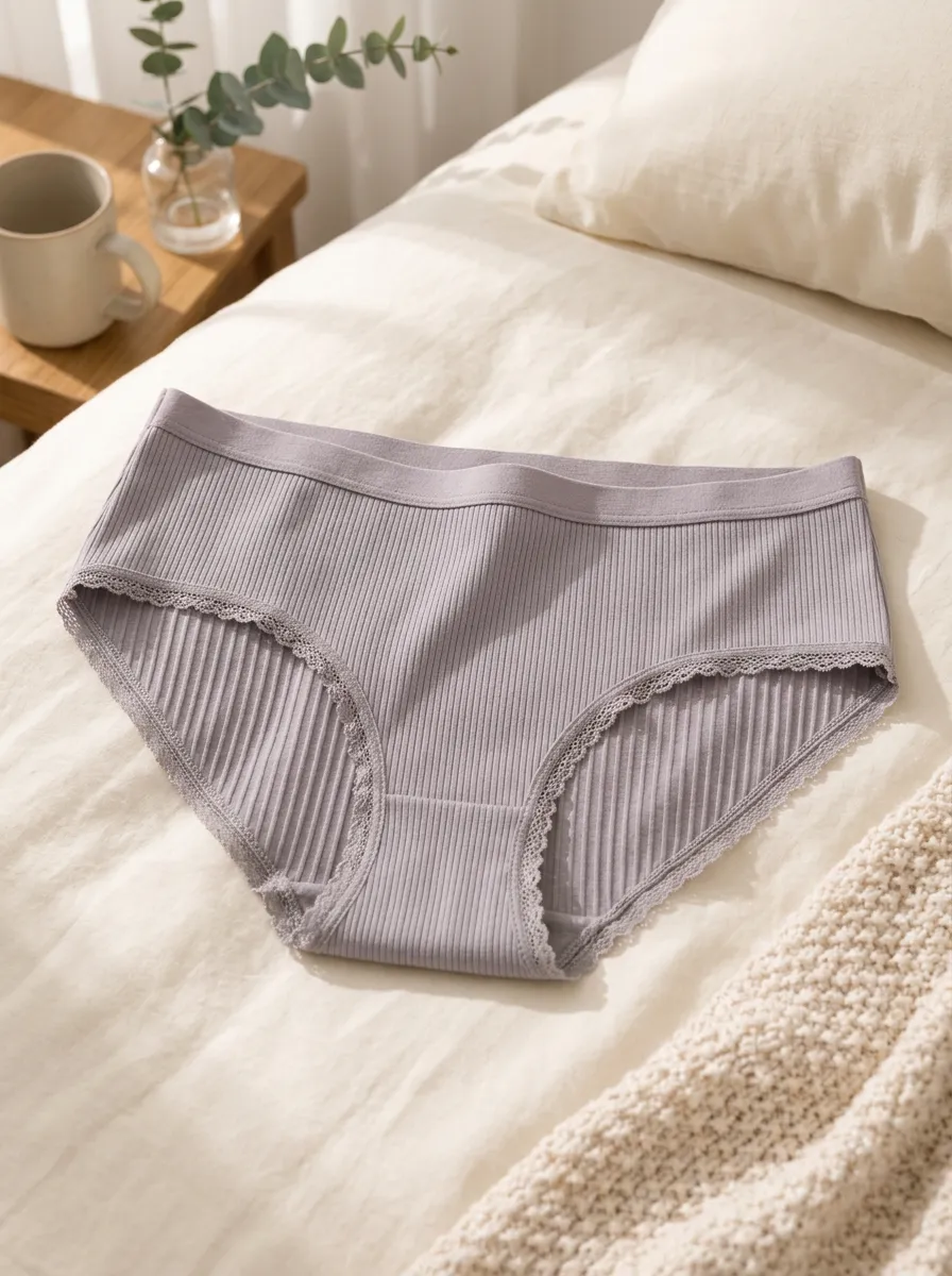 Women's Ribbed Lace Trim Solid Color Cotton Panties