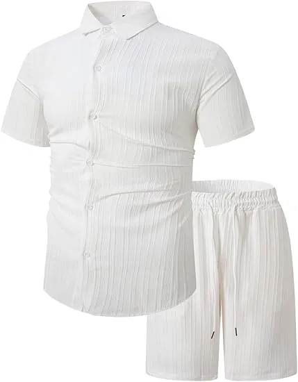 Men'S Solid Textured Short Sleeve Button Front Shirt & Pocket Drawstring Waist Shorts Two-Piece Set, Casual Summer Outfits Clothes Set For Men, Sets For Men Clothing, Menswear,  Summer Outfits Set