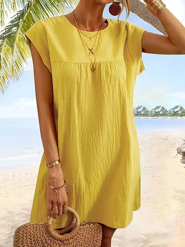 Cap Sleeve Relaxed Pleated Solid Color Round Neck Mini Dress