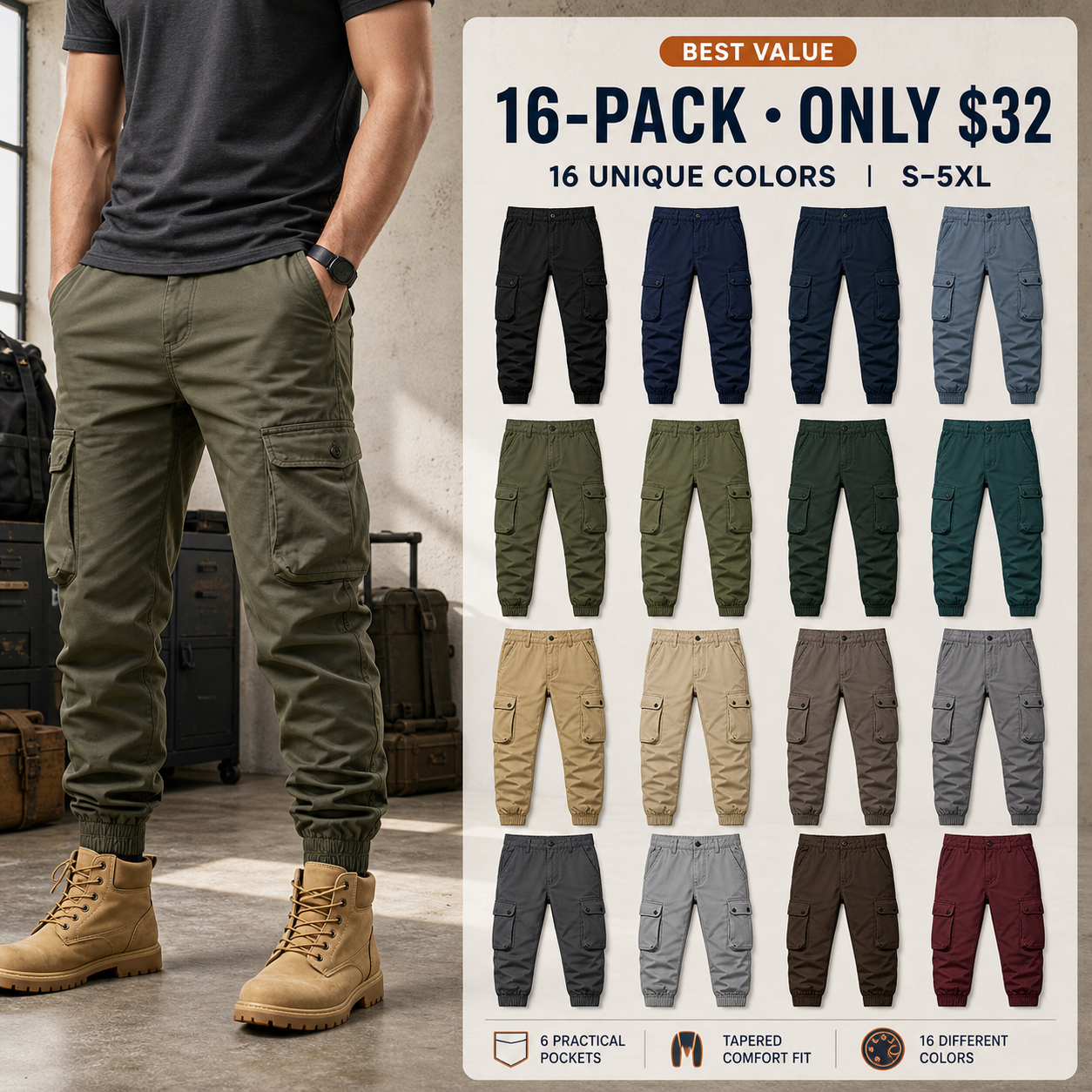 16-pack men's cargo joggers in sixteen unique colors