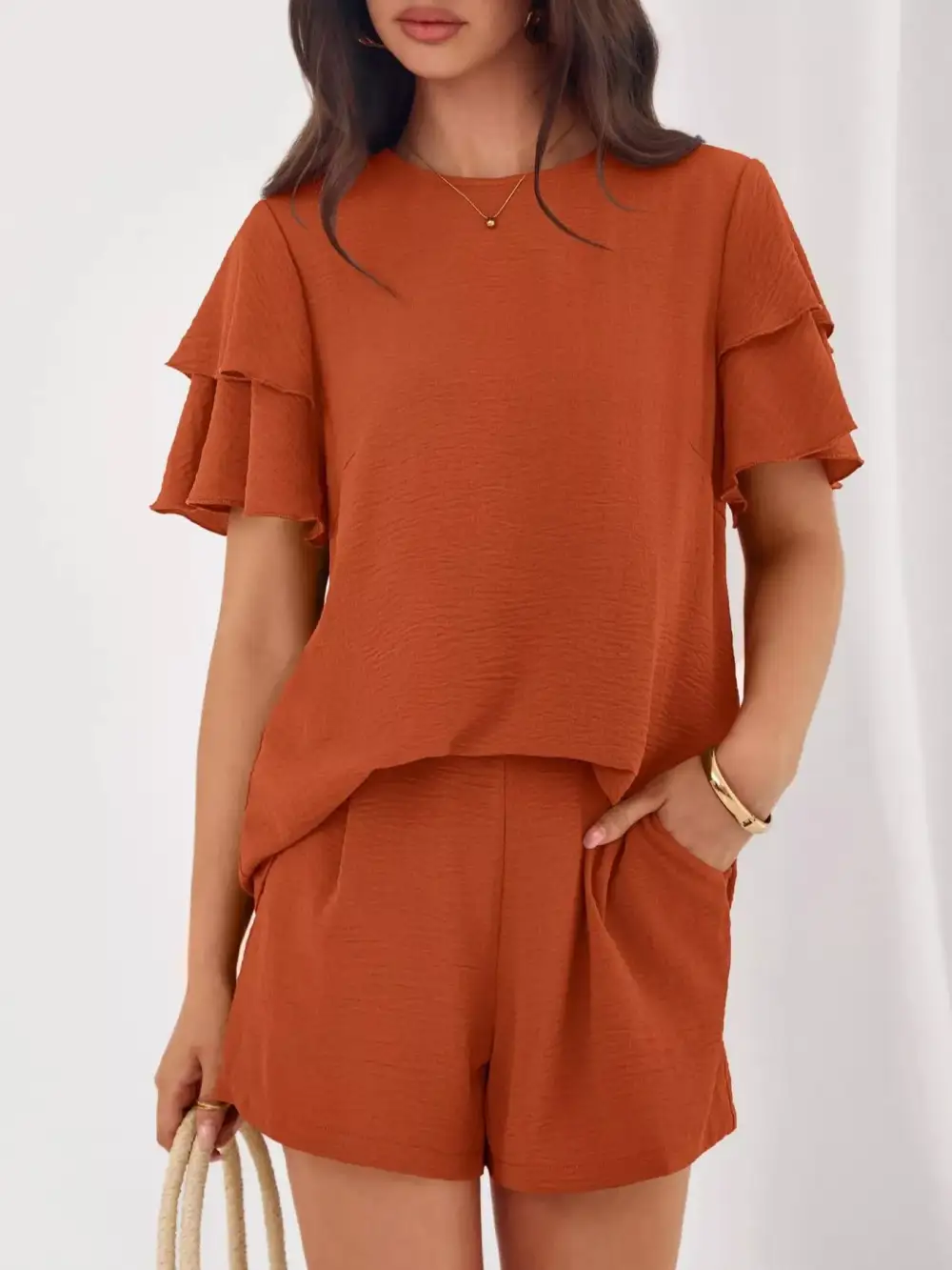 Ruffle Sleeve Top and Shorts Two-piece Set