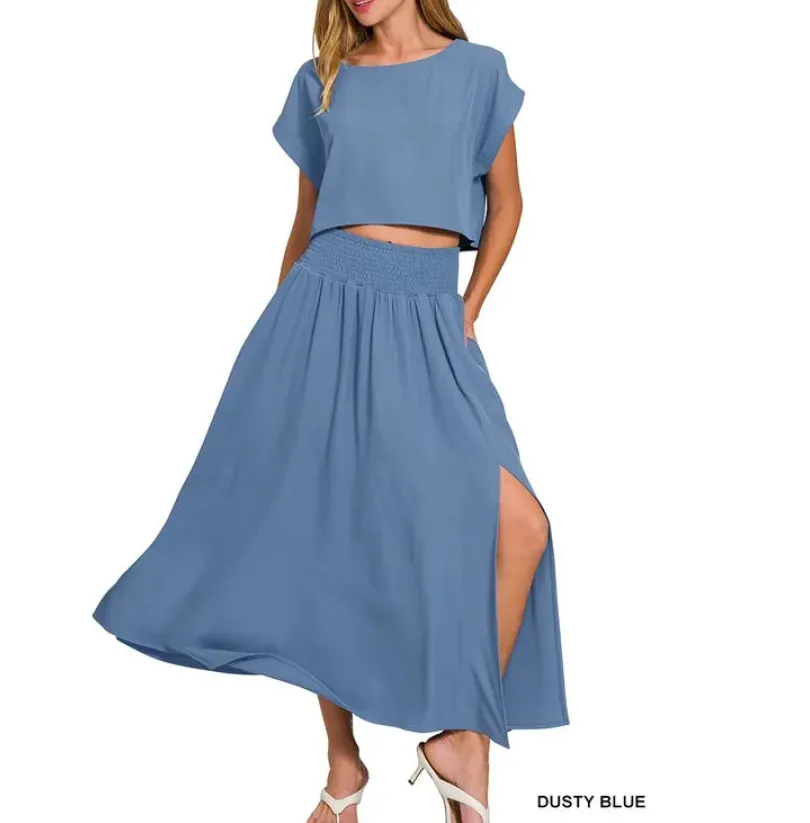 Woven Crinkle Gauze Crop Tee and Skirt Set