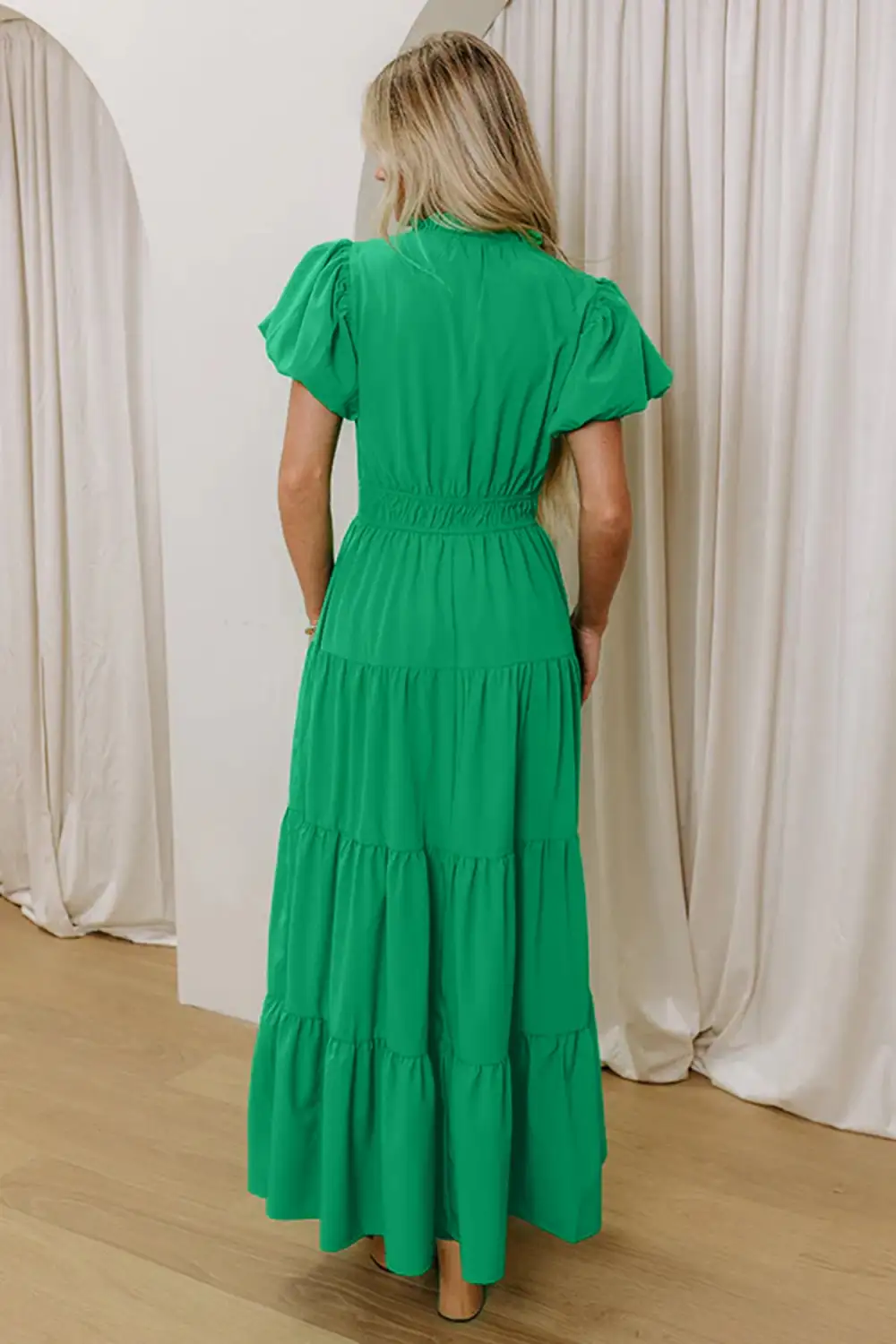 Drape V Neck Tiered Puff Sleeve Maxi Dress