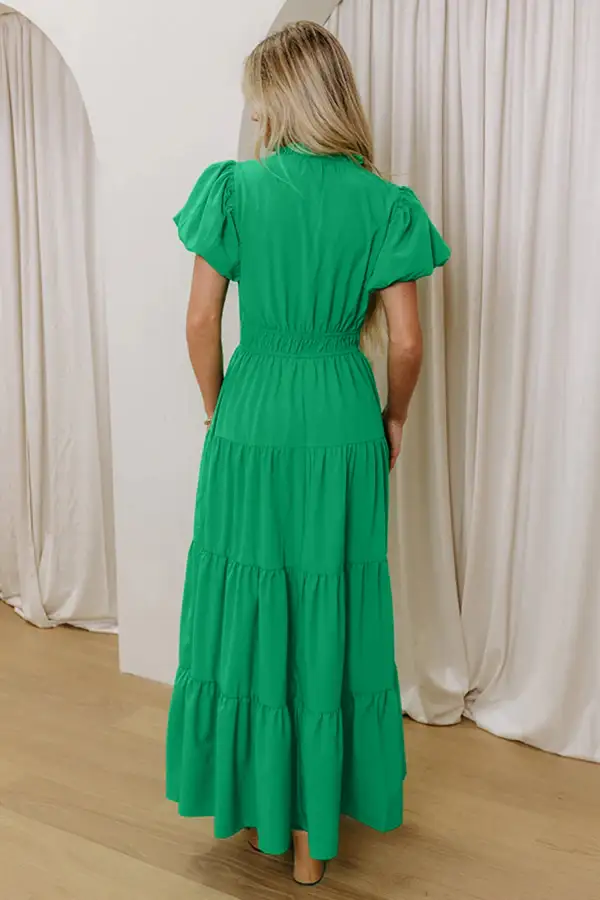 Drape V Neck Tiered Puff Sleeve Maxi Dress
