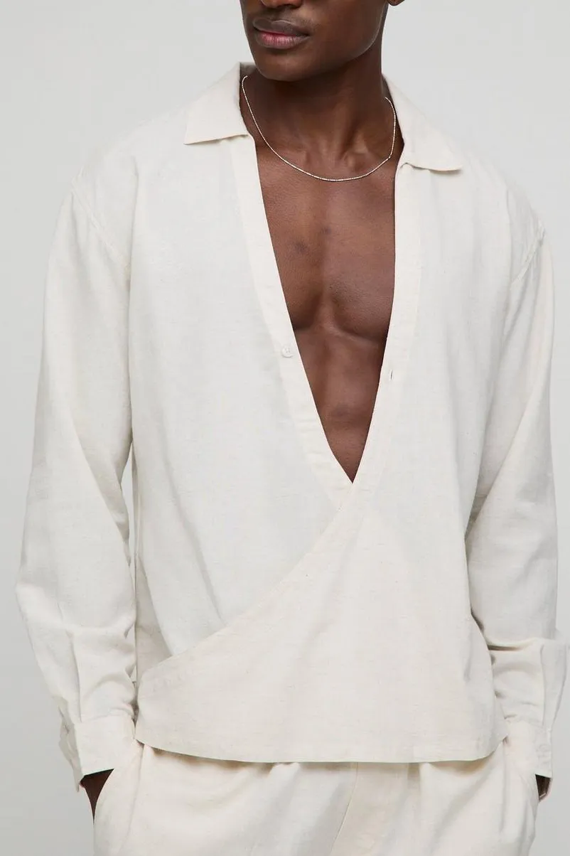 Oversized Wrap Front Long Sleeve Linen Blend Deep V Neck Shirt