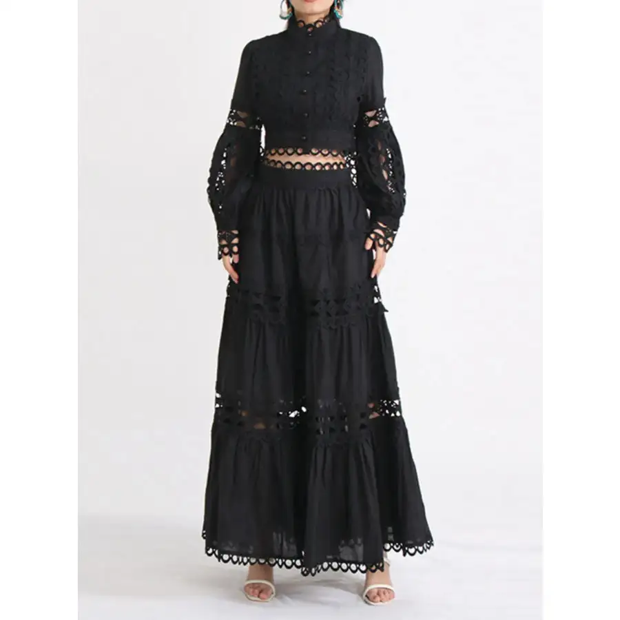 Lace Button Up Long Sleeve Top and Skirt Set