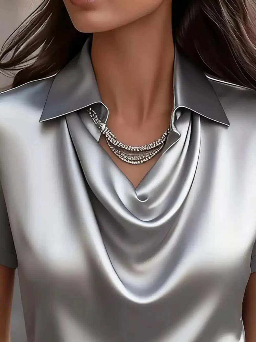 Cowl Neck Short Sleeve Satin Blouse Plus