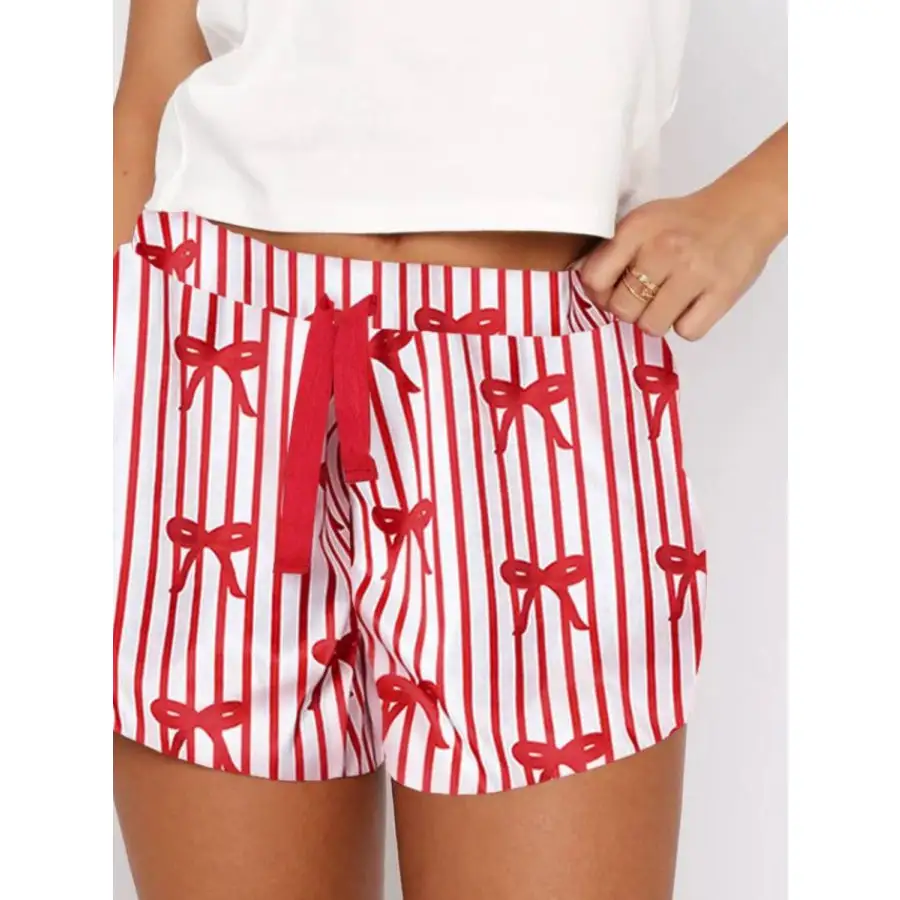 Printed Round Neck Short Sleeve Top and Drawstring Shorts Set