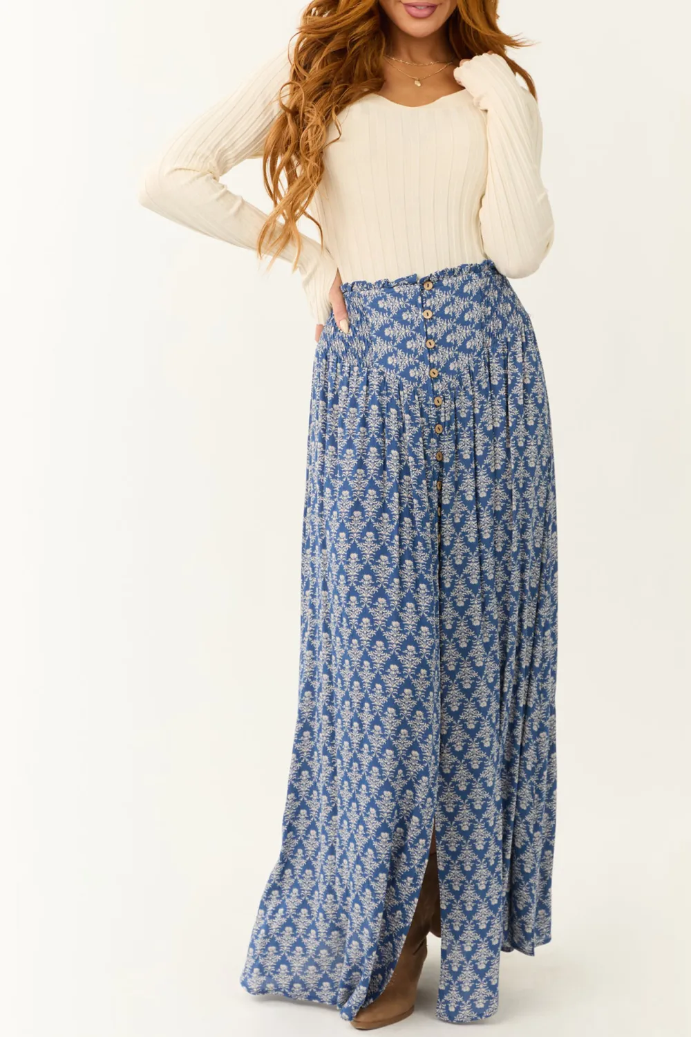 Dusty Blue Abstract Floral Print Maxi Skirt
