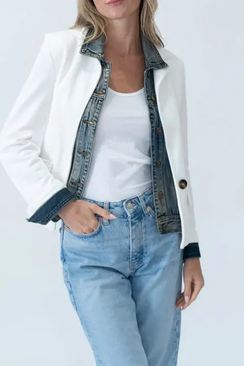 White Denim Contrast Trim Blazer