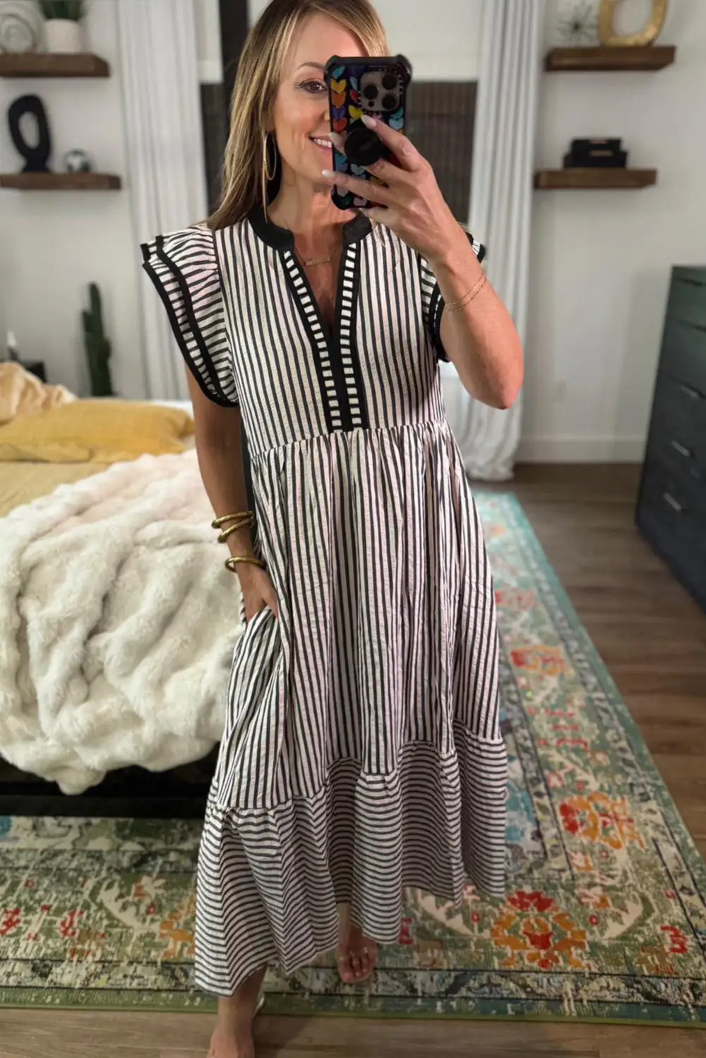 Comfort Fit Striped V Neck Ruffle Midi Dress