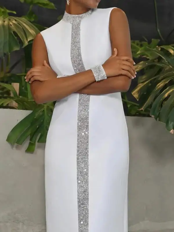 Shiny Sleeveless Neck Maxi Dress