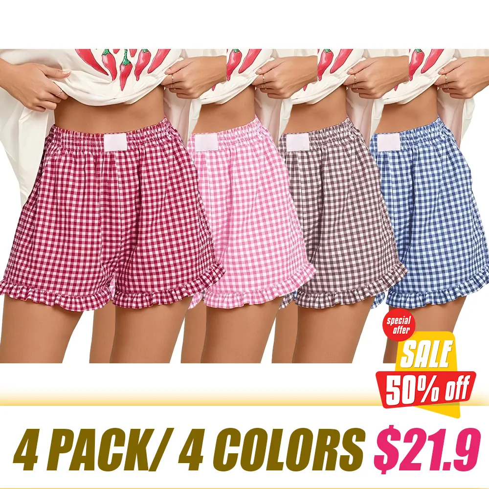 Women's Casual Lounge Sleep Plaid Ruffle Boxer Shorts Pajama Gingham Beach Bottoms Pockets