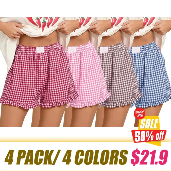 Women's Casual Lounge Sleep Plaid Ruffle Boxer Shorts Pajama Gingham Beach Bottoms Pockets