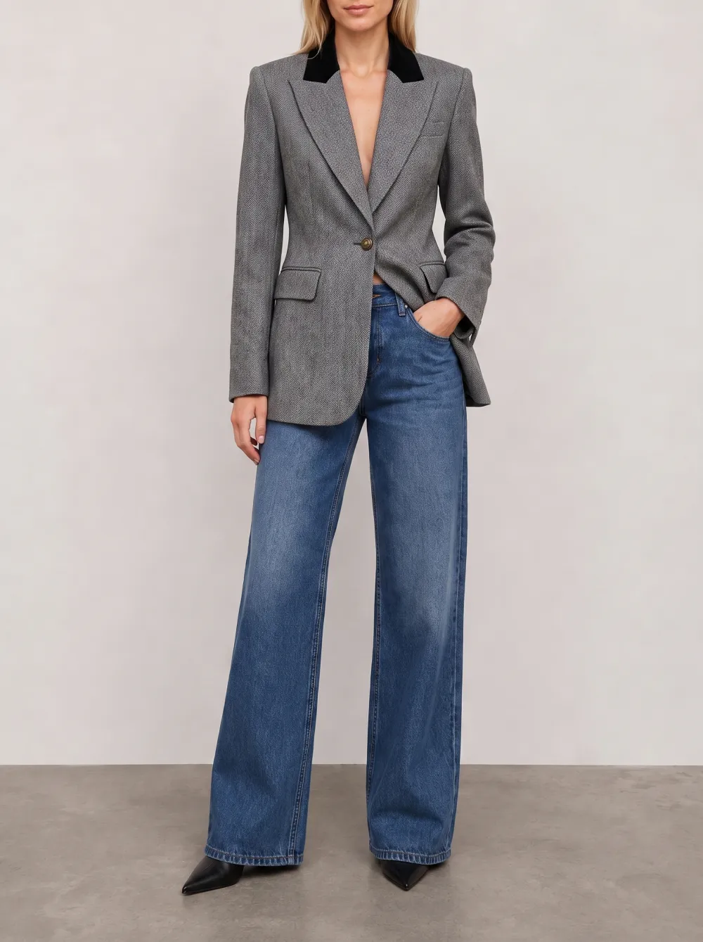 Women's Classic Herringbone Pattern Velvet Collar Printed Blazer