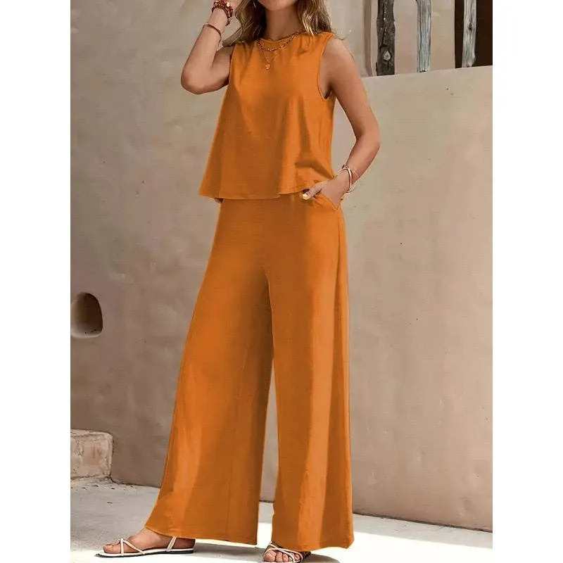 Solid Color Sleeveless Tank Top & Wide-leg Pants Set