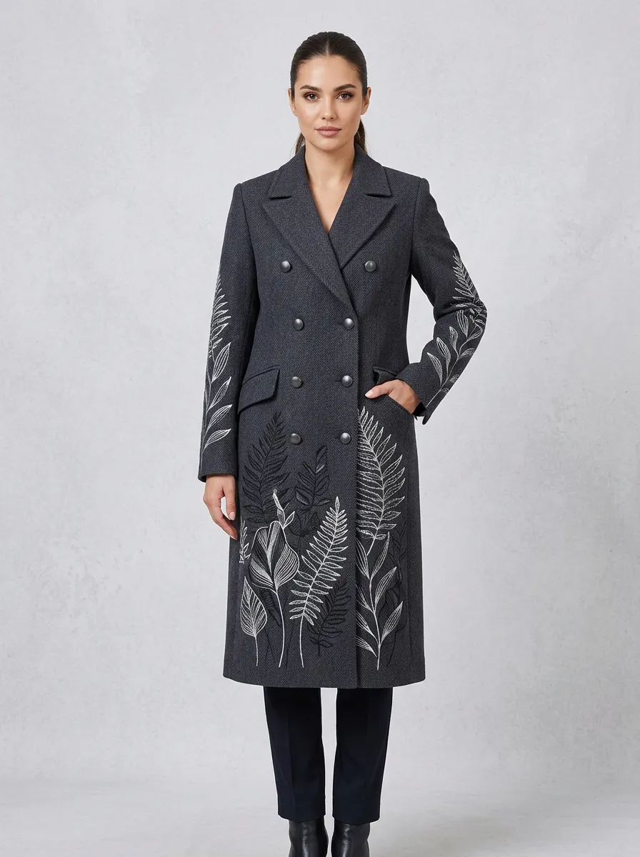 Women's Botanical Fern Printed Double-Breasted Coat