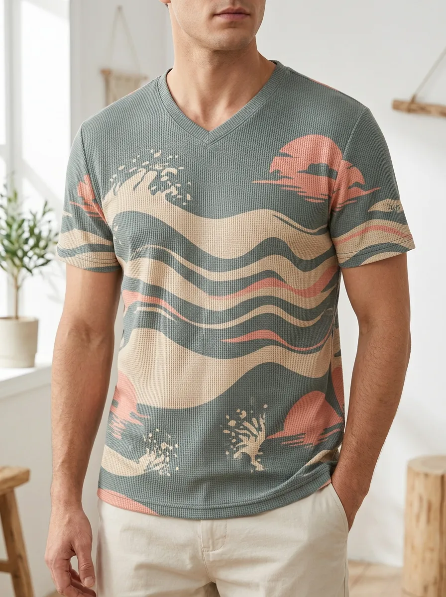 Men's Expressive Beach Lover Ocean Wave Sunset V-Neck T-Shirt