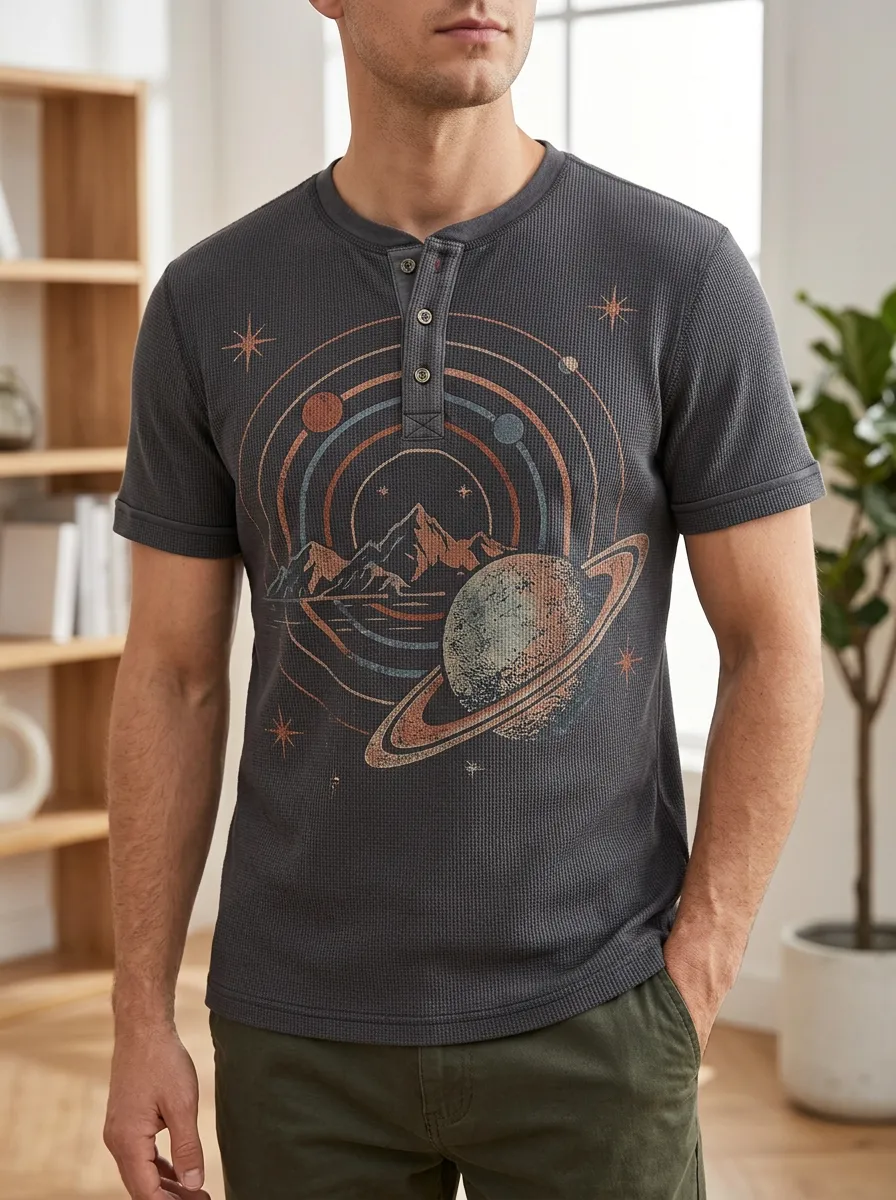 Men's Space Mountain Planet Printed Henley T-shirt