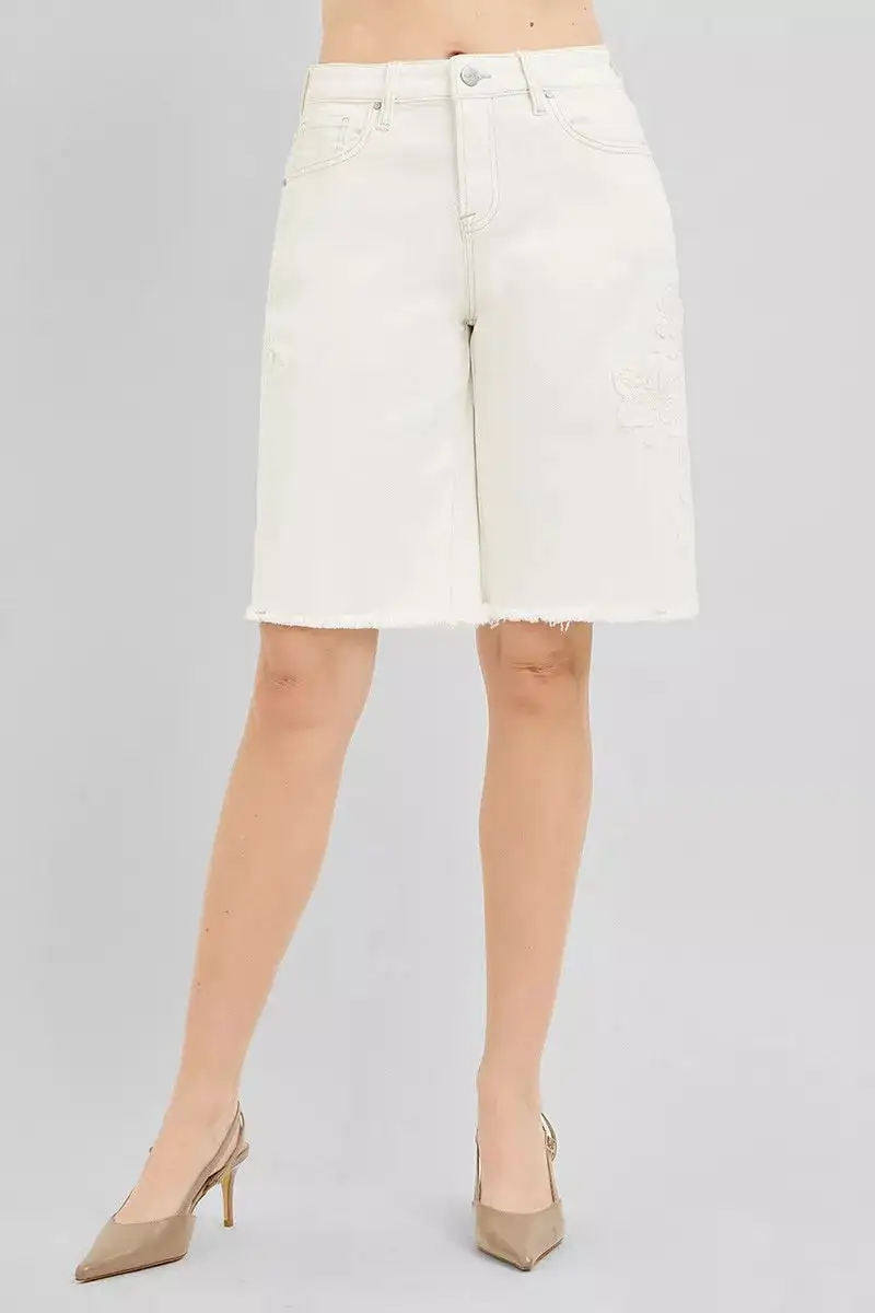 Risen Slouchy Relaxed Embroidered Bermuda Denim Shorts