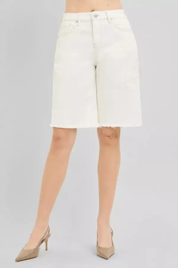 Risen Slouchy Relaxed Embroidered Bermuda Denim Shorts
