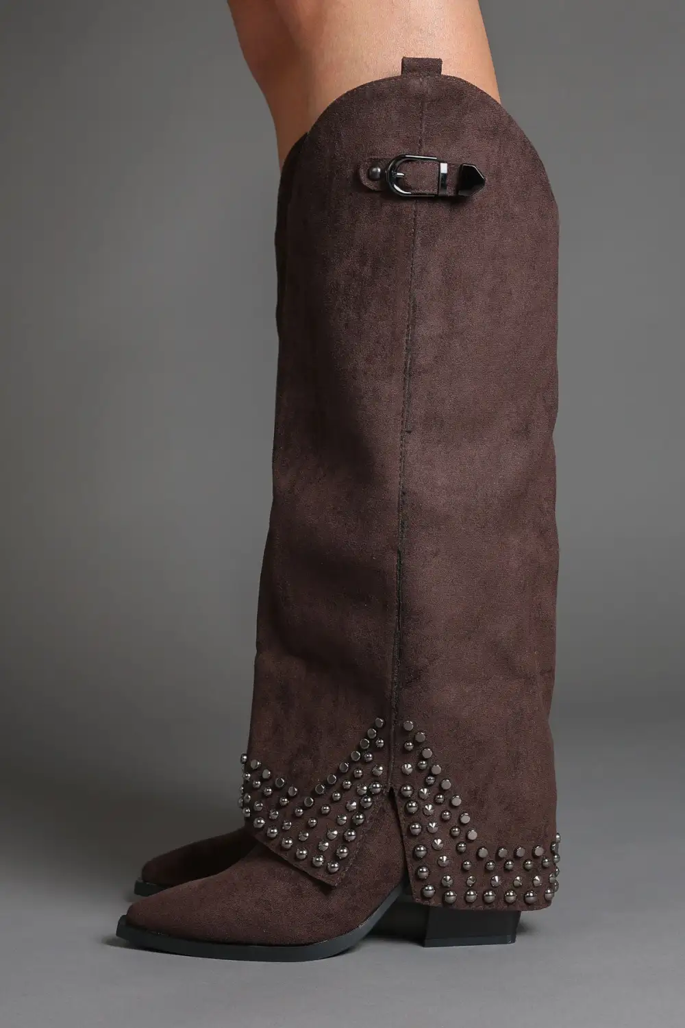 Western Slouch Fold-Over Studded Knee High Boots