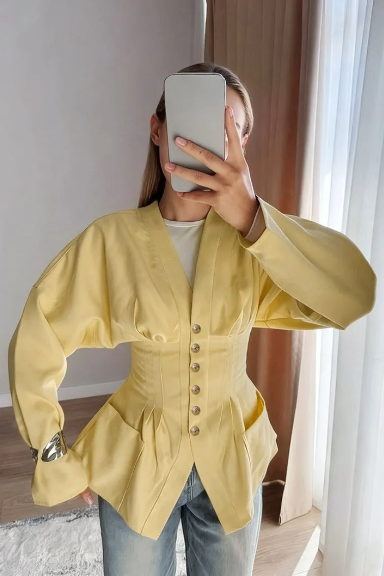 Polished Cotton Blend Pleated Button Blouse