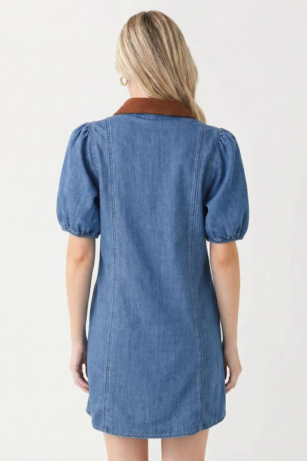 Denim Short Puff Sleeve Color Block Shirt Collar Patchwork Mini Dress