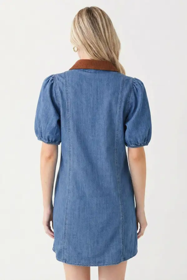 Denim Short Puff Sleeve Color Block Shirt Collar Patchwork Mini Dress