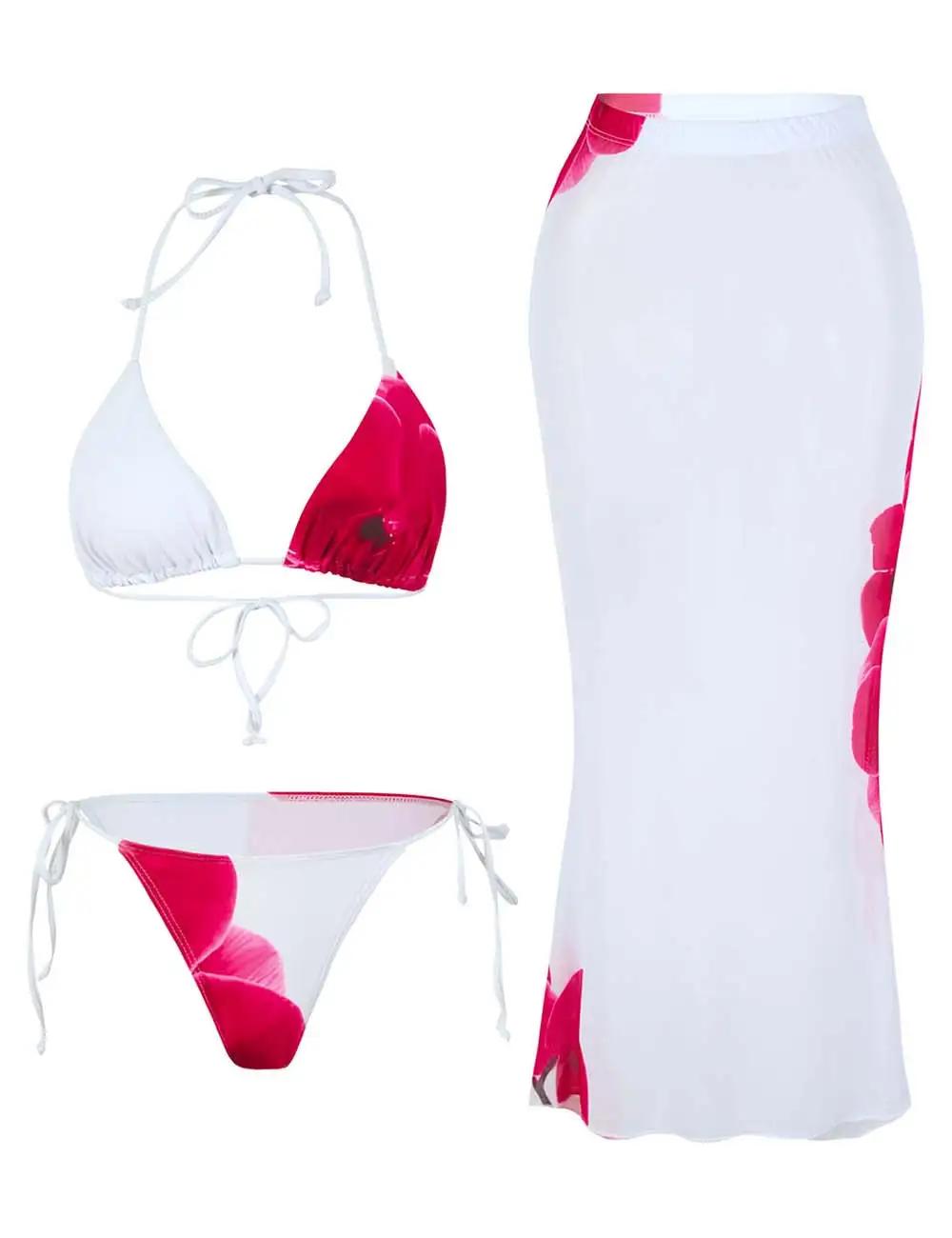 Three Piece Swimsuit Halter Triangle Bikini Set with Skirt