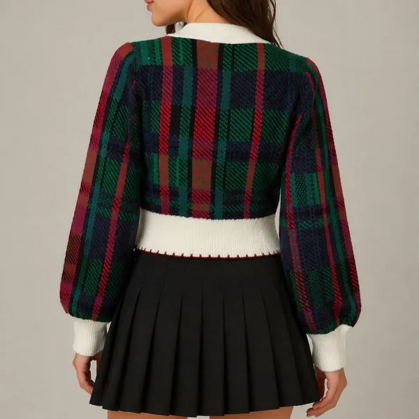 Ribbed Scalloped Edge Plaid Checkered Cardigan