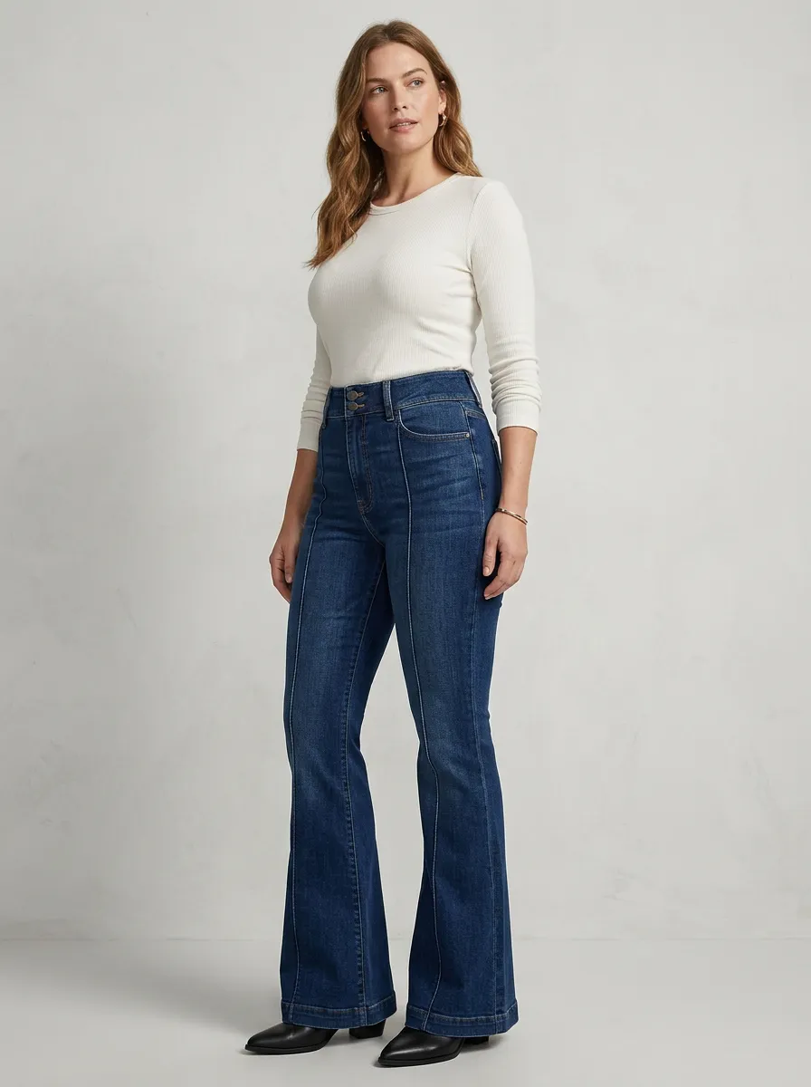 Women's Classic Vintage Wash Seam Detail High Rise Flare Jeans