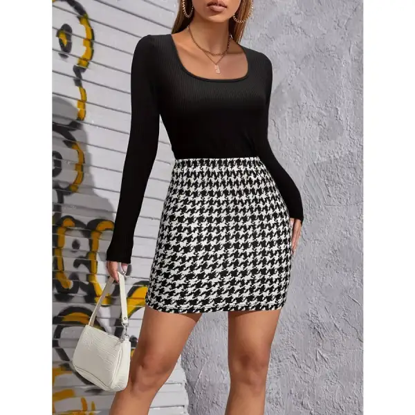 Long Sleeve Top and Houndstooth Skirt Set