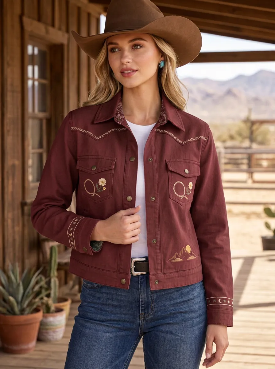 Women's Western Cowgirl Floral Mountain Embroidered Jacket
