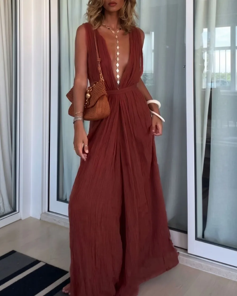 V-Neck Lace-Up Pleated Jumpsuit