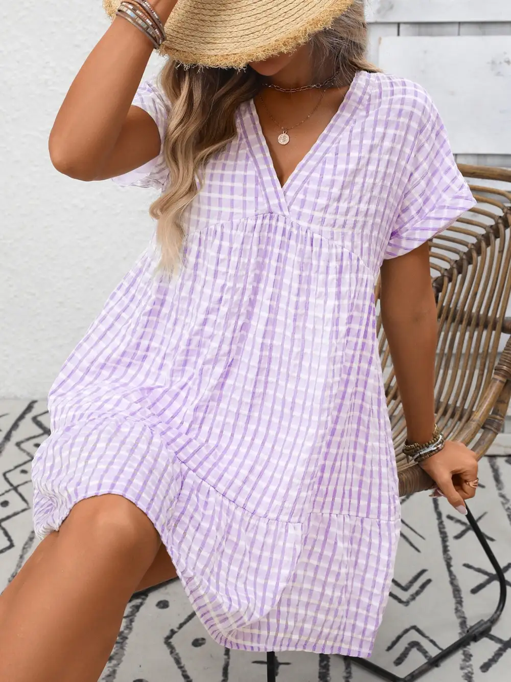 Plaid V Neck Ruffle Mini Dress