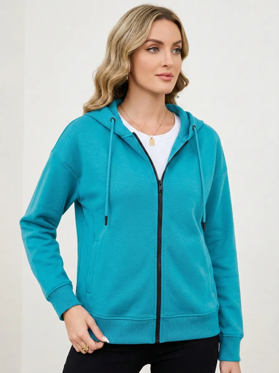 Plain Zip-Up Women's Zip-Up Hooded Jacket