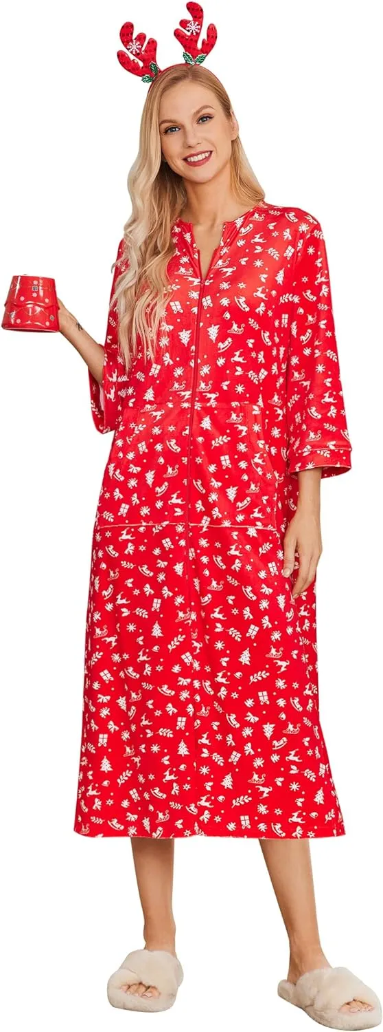 50% OFF Women Zipper Robe 3/4 Sleeves Loungewear Dress Full Length Sleepwear Pockets Housecoat Nightgown Long Bathrobe