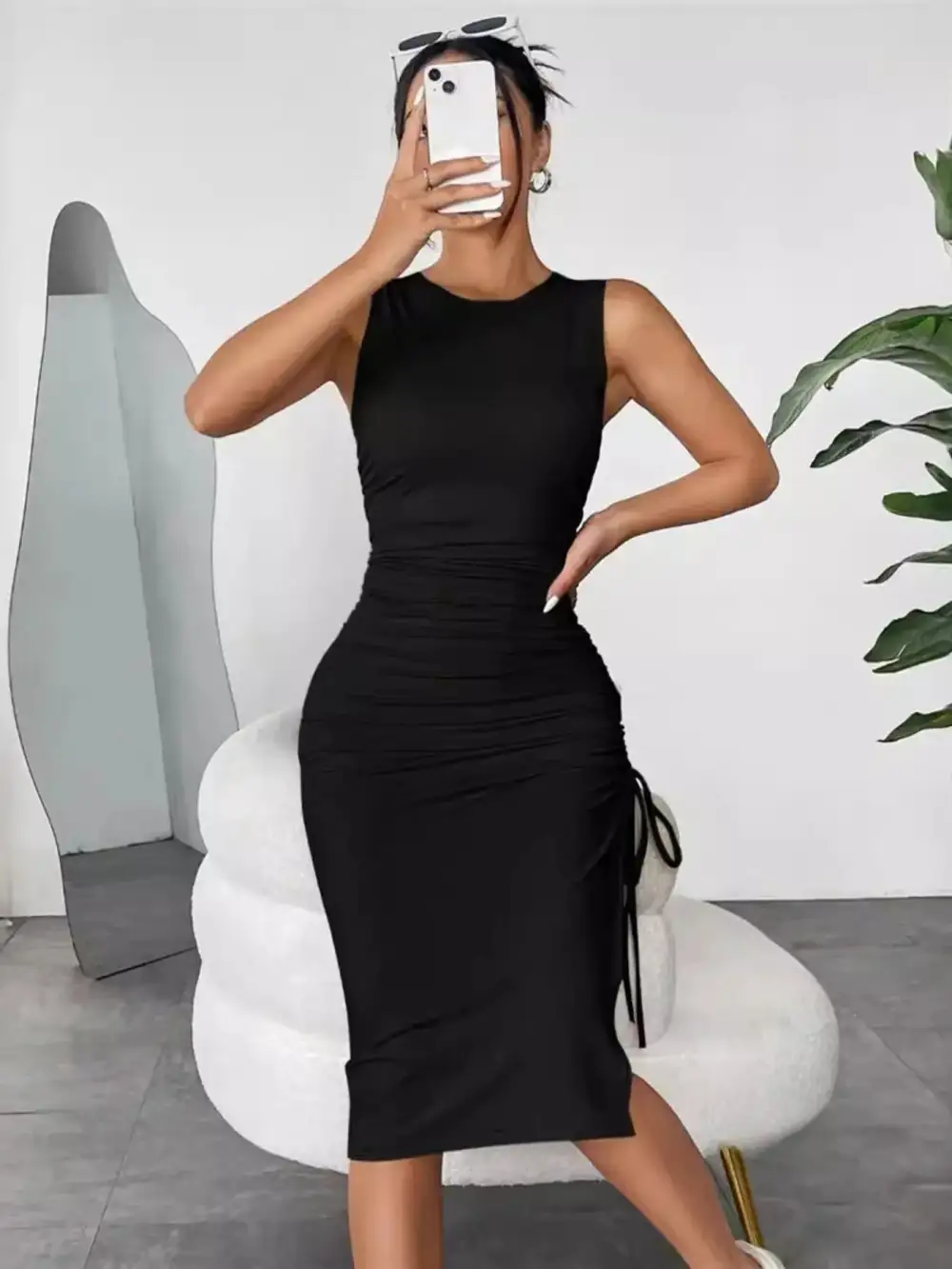 Drawstring Ruched Sleeveless Midi Dress