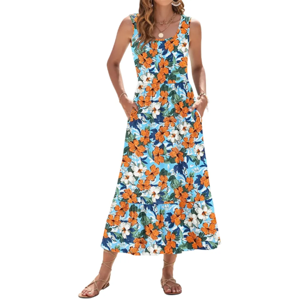 Women's Square Neck Sleeveless Floral Tiered Maxi Dress With Pockets
