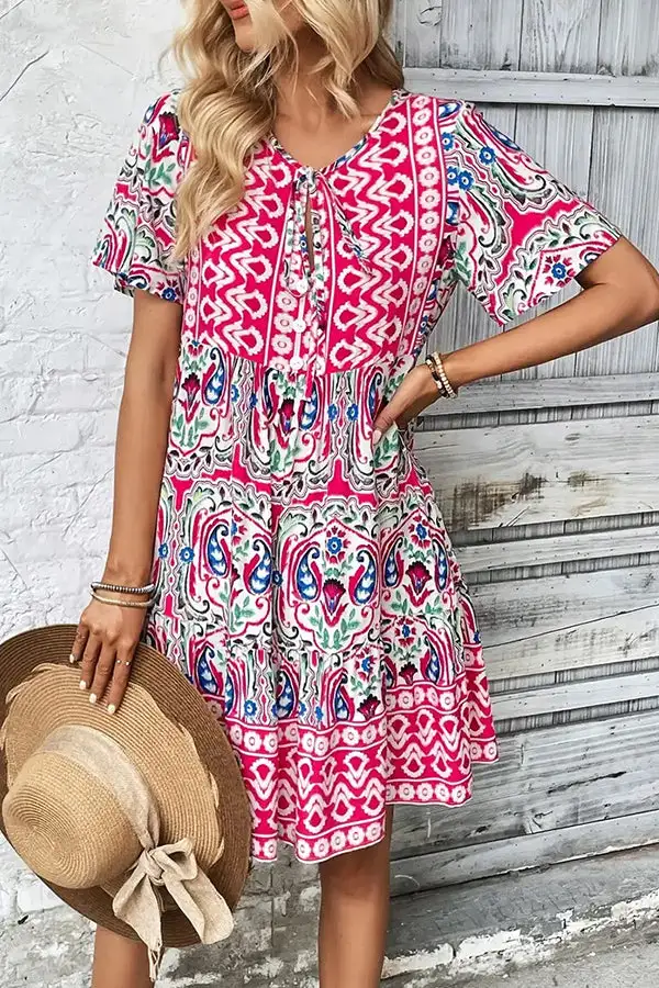 V Neck Button Casual Mini Dress