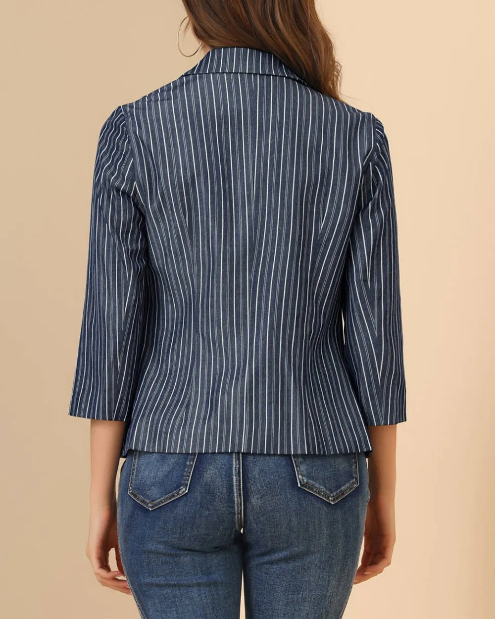 Casual Striped 3/4 Sleeves Open Front Notched Lapel Blazer