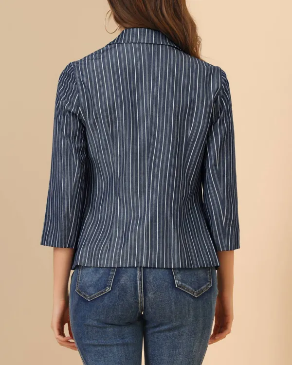 Casual Striped 3/4 Sleeves Open Front Notched Lapel Blazer