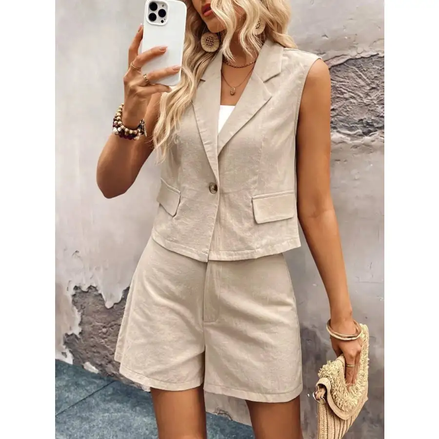 One Button Sleeveless Top and Shorts Set