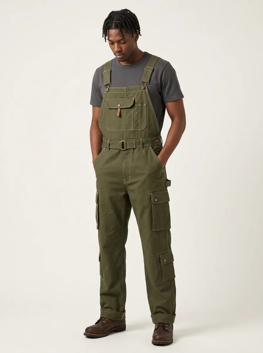 Men's Olive Green Utility Cargo Bib Overalls