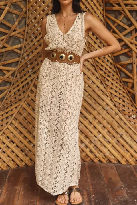 Beige Crochet Lace Belted Maxi Dress